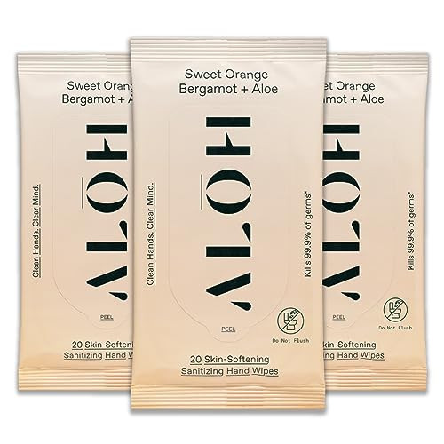 ALŌH Sweet Orange Bergamot + Aloe Sanitizing Hand Wipes - Clean Hands, Clear Mind - On The Go Hand Sanitizing Wipes for Kids and Adults - Travel Size 3 Pack 20ct Wipes (60 wipes) | Amazon (US)
