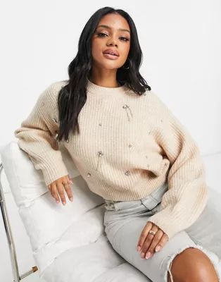 ASOS DESIGN rib sweater with embellished stones in oatmeal | ASOS (Global)