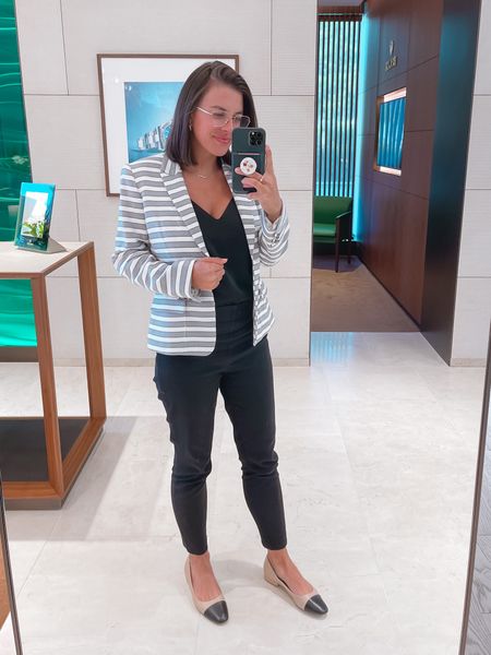 My daily workwear for an office job

Striped blazer - old but I linked a couple similar 
Black Straight Leg Pants - my go to with flats
Cap Toe Ballet Flat - love these in every color. Perfect with jeans too. 



#LTKSeasonal #LTKshoecrush #LTKworkwear