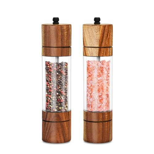 Acacia Wood Salt Grinder and Pepper Grinder Set Premium Acrylic Salt and Pepper Mill Set, Manual Salt and Pepper Mills- Wooden Shakers with Adjustable Ceramic Core 8 Inches 2 Pack | Amazon (US)