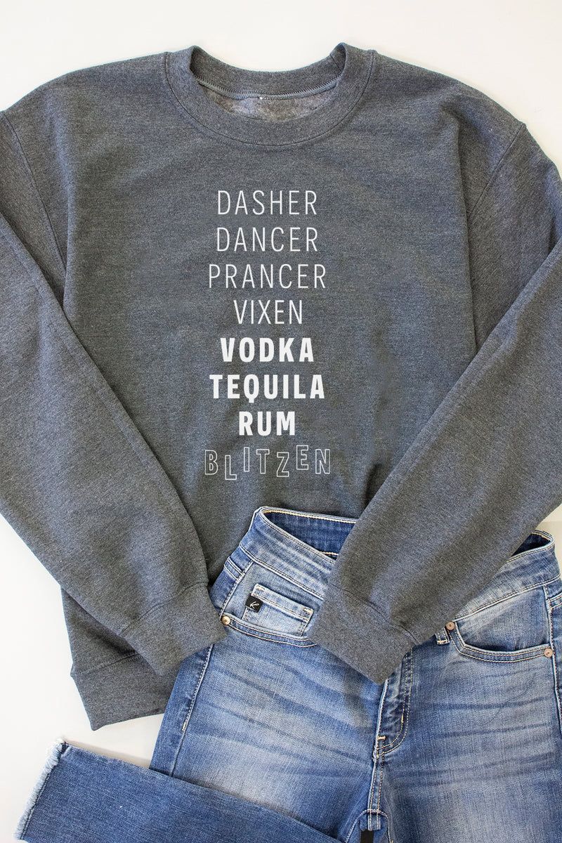 Vodka Tequila Rum Blitzen Dark Heather Graphic Sweatshirt | The Pink Lily Boutique