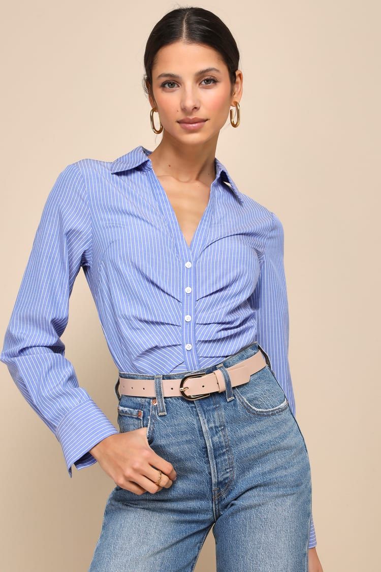 Perfect Upgrade Blue Striped Ruched Cropped Button-Up Top | Lulus