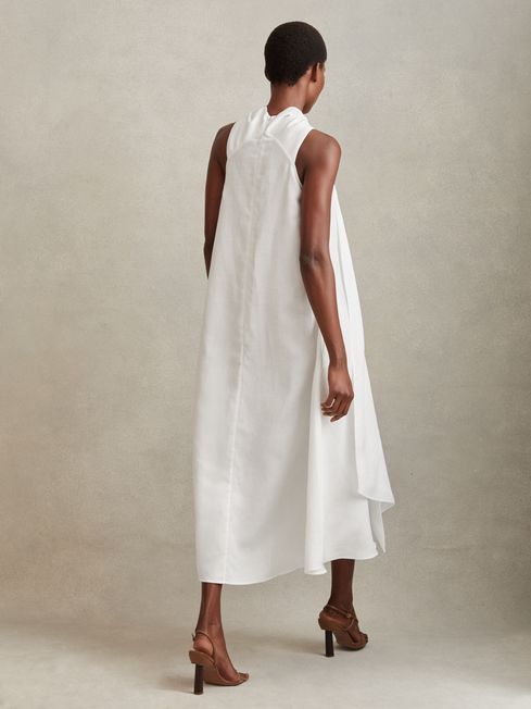 Reiss White Cosette Linen Blend Drape Midi Dress | Reiss US
