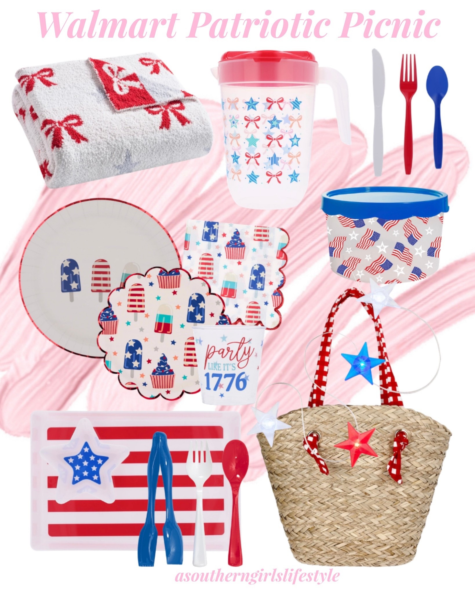 Patriotic Picnic/Cookout from Walmart! Memorial Day, Fourth of July .. just because! 

Bows & Stars Blanket, Plastic Pitcher, Red White & Blue Plastic Silverware, Ice Pop Plates, Scalloped Napkins, Scalloped Ice Pop Paper Plates, Plastic Cup (linked more options too!), Plastic Flag Container, Stars & Stripes Serving Tray, Utensil Serving Set, LED Star Battery Operated Lights & Red Gingham Seagrass Beach Tote

#LTKSeasonal #LTKfoodie #LTKHome