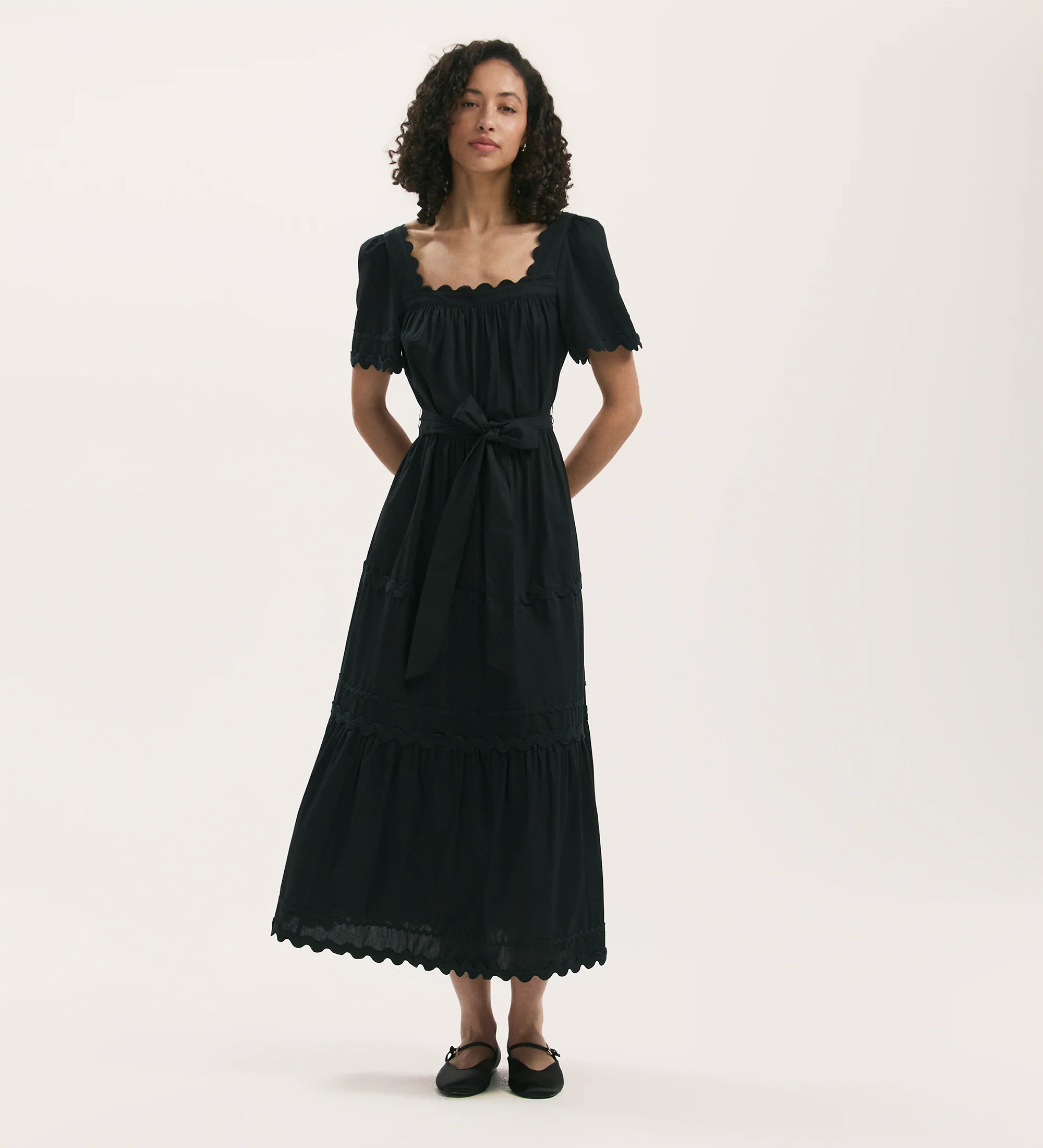 Corina Black Cotton Midi Tiered Dress | Finery London - UK
