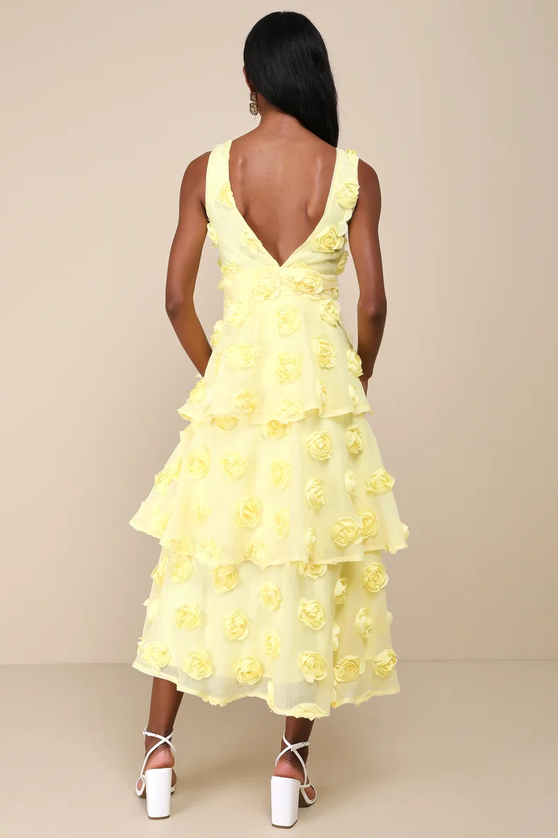 Exceptional Entrance Yellow Sleeveless Tiered Rosette Midi Dress | Lulus