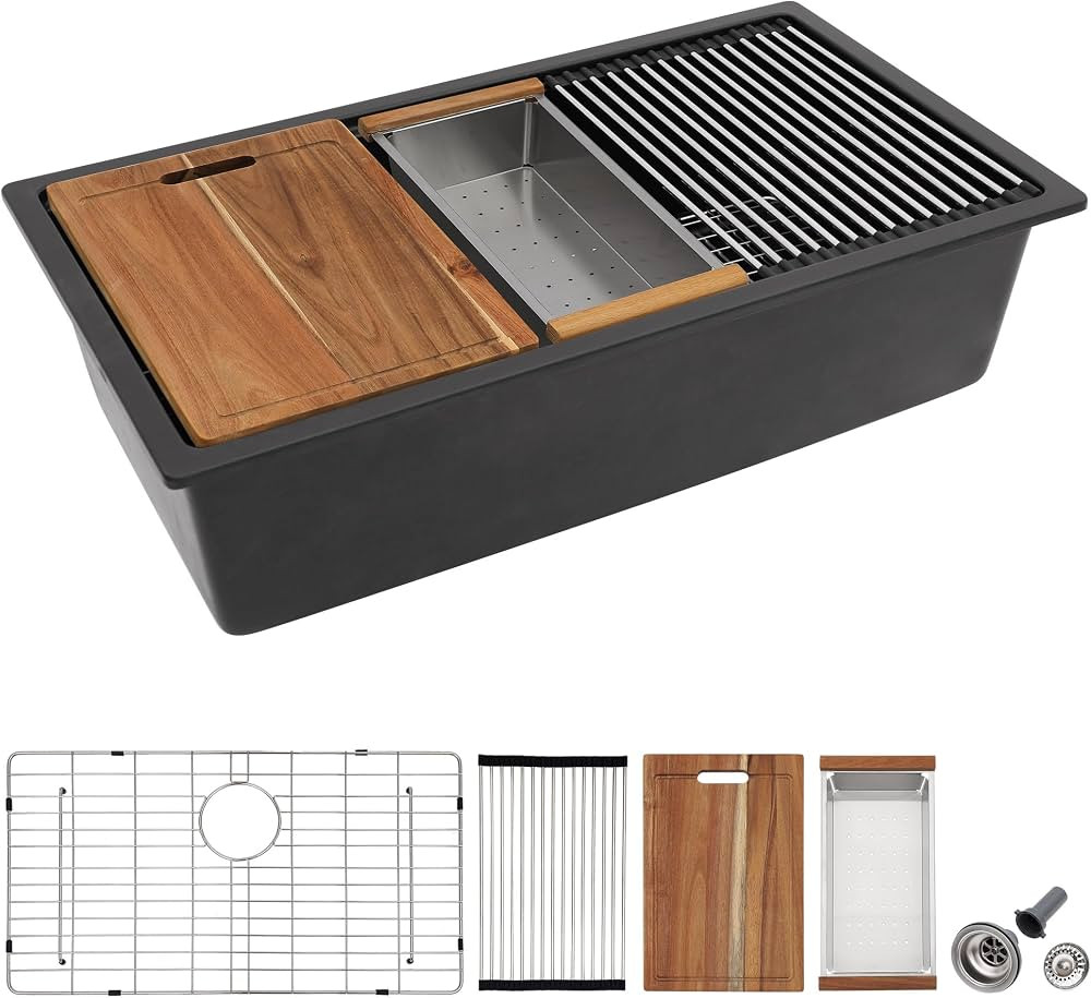 30 Granite Composite Kitchen Sink - Fulorni 30"x19" Granite Kitchen Sink Ledge Workstation Underm... | Amazon (US)
