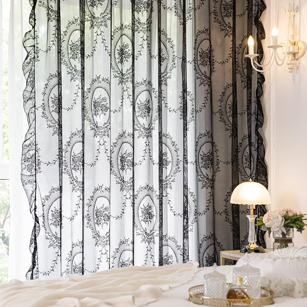 Deeprove Black Lace Curtains 84 Inches Long 2 Panels Set, Sheer Florals Scallop Ruffle Edge, Chic... | Amazon (US)