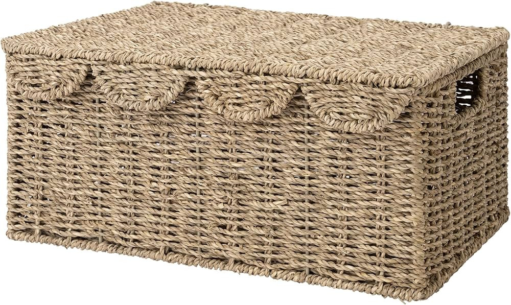 StorageWorks Scalloped Edge Wicker Basket with lid, Wicker Storage Basket with Built-in Handles, ... | Amazon (US)