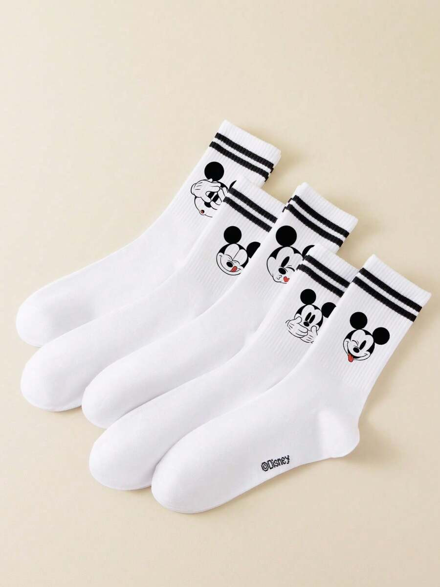 Disney 5/1 Pair Mickey Mouse Icon Pattern Women's Mid-Calf Socks, Sports Double Stripe Black & Wh... | SHEIN