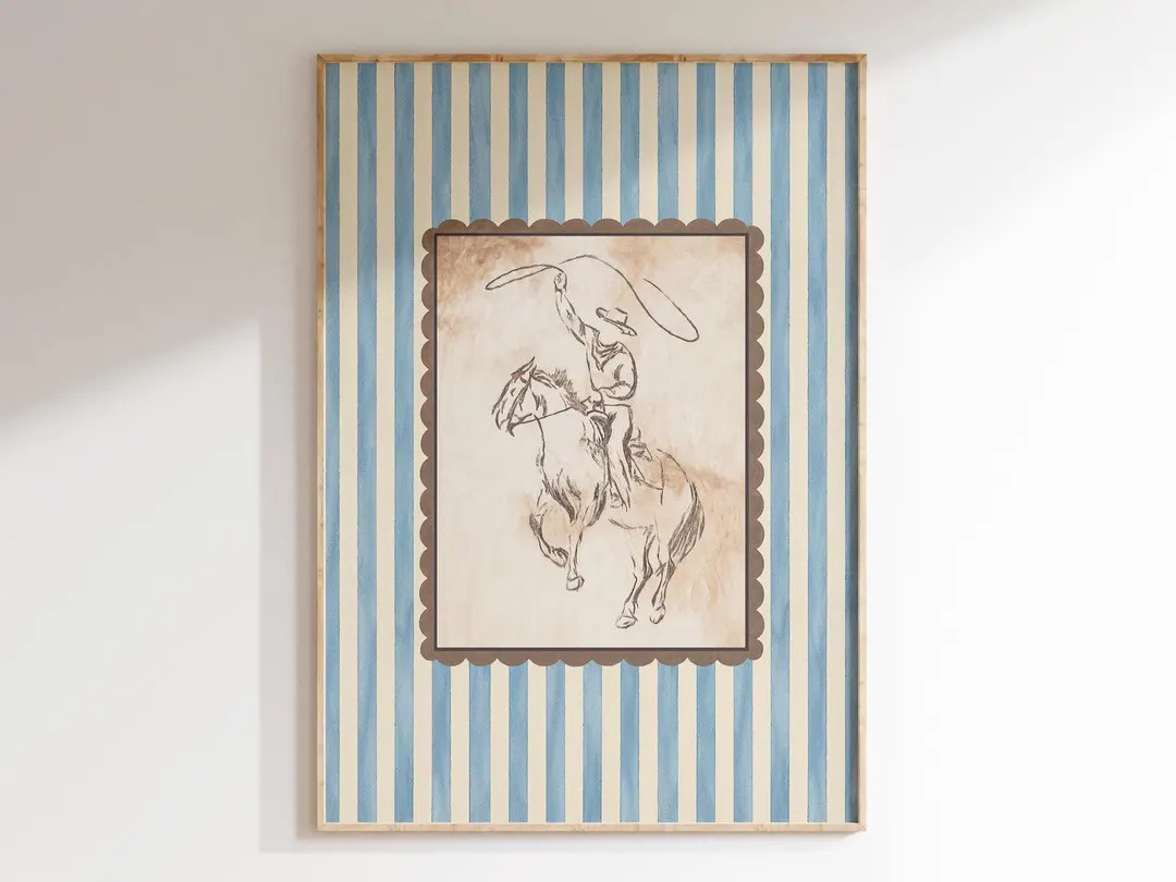 Cowboy Nursery Print, Blue Striped Boys Room Wall Art, Western Rodeo Coastal Cowboy, Retro Southw... | Etsy (US)