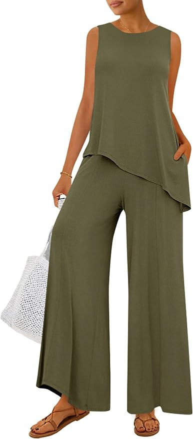 PRETTYGARDEN Women's 2026 Two Piece Matching Lounge Sets Asymmetrical Split Tank Tops Wide Leg Pa... | Amazon (US)