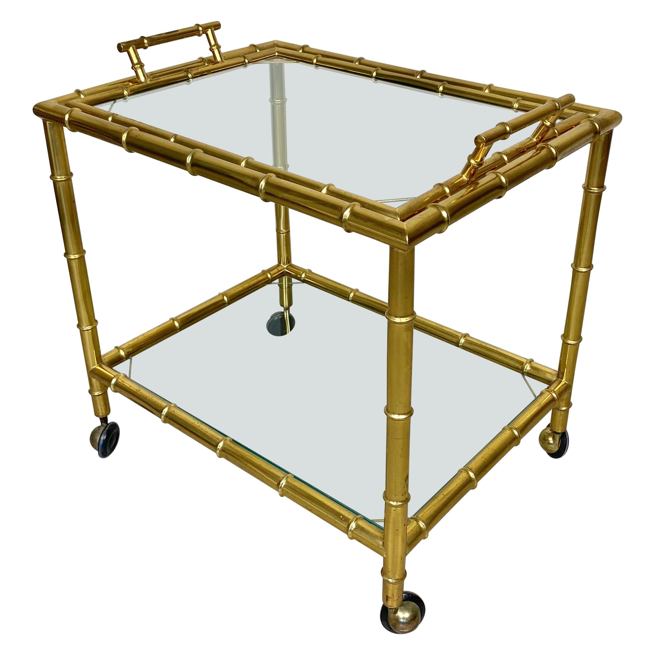 Serving Bar Cart Tray In Brass Faux Bamboo Effect And Glass, Italy, 1960s | 1stDibs