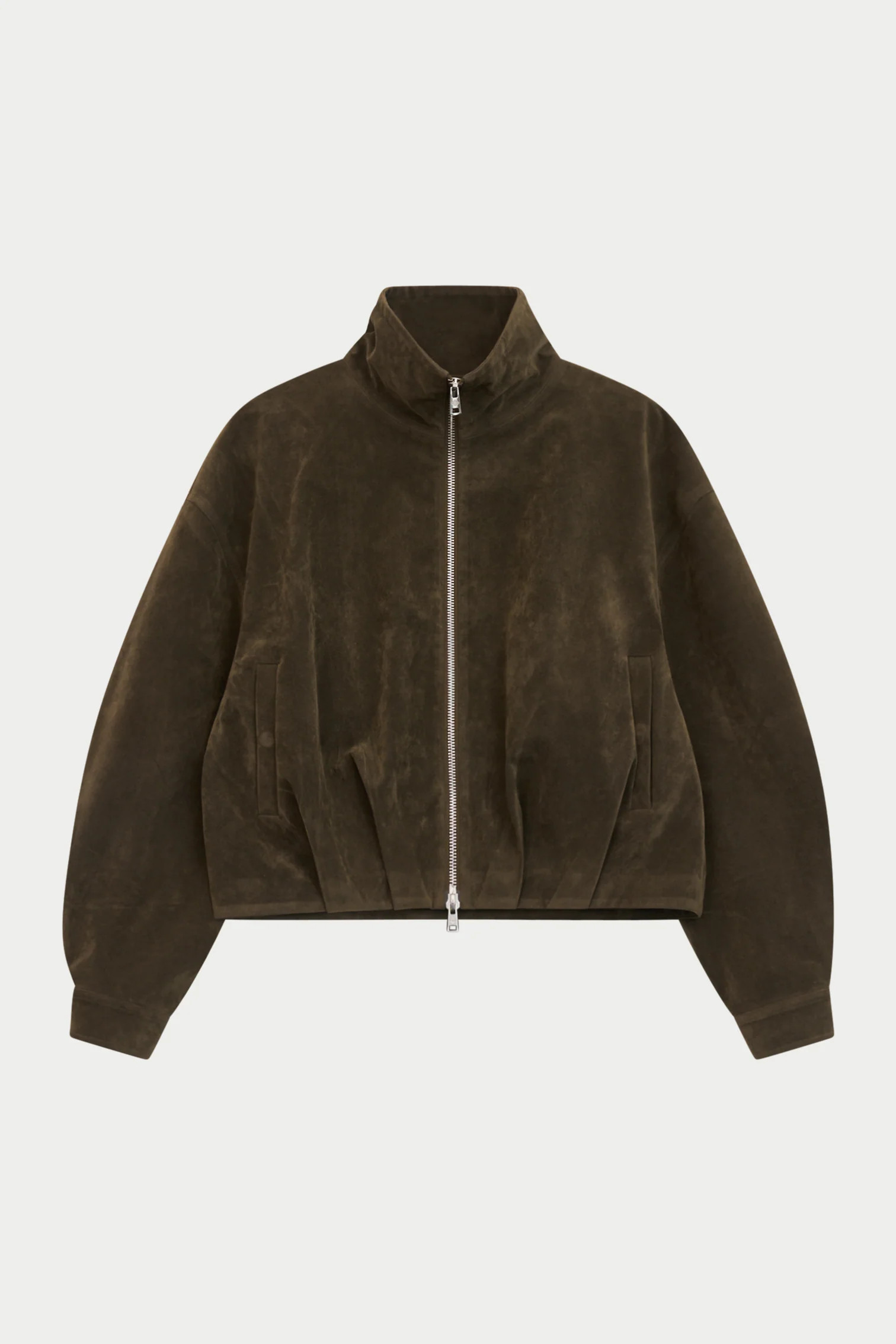 SUEDE FUNNEL NECK JACKET - BROWN | The Couture Club