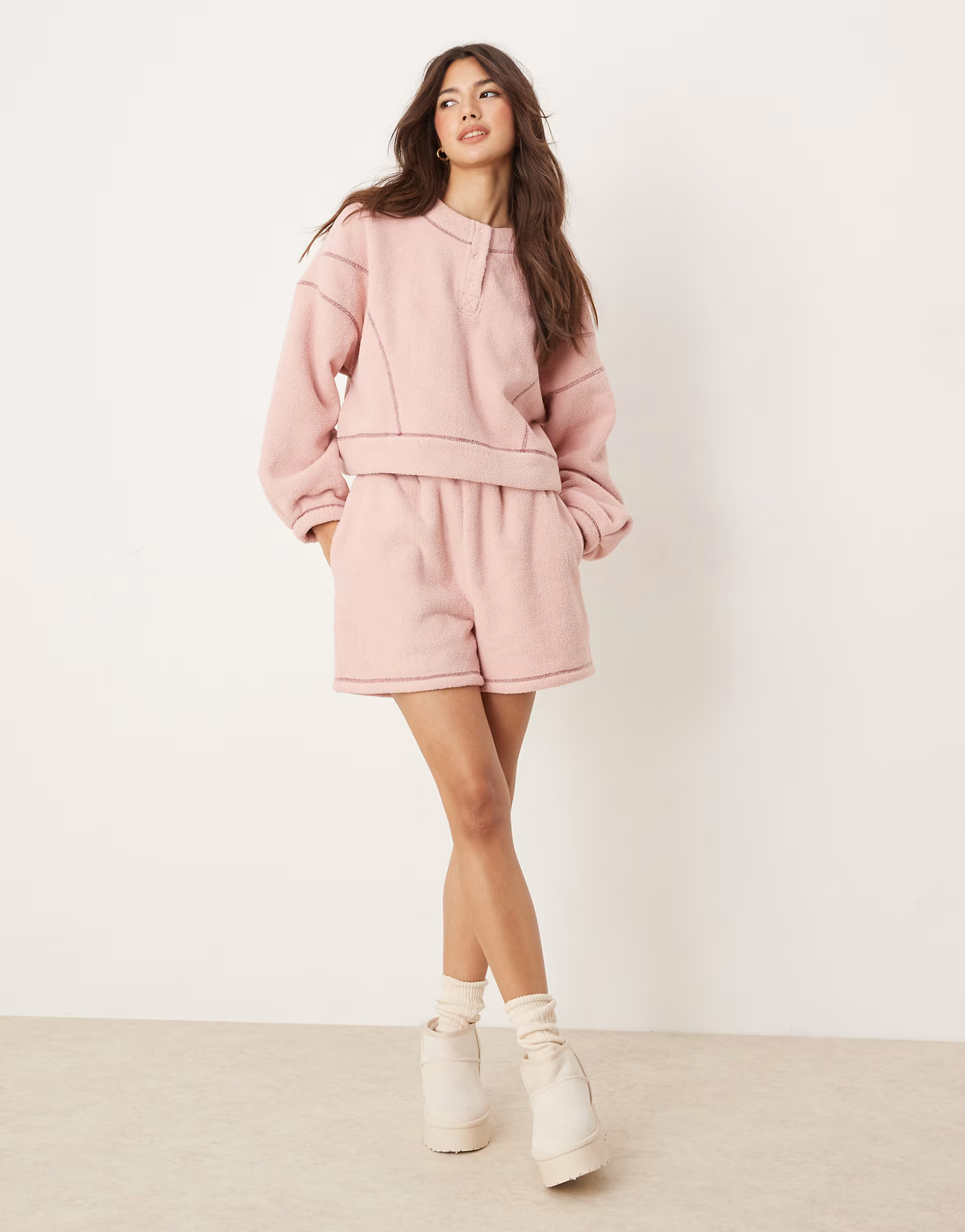 ASOS DESIGN lounge microfleece crew neck sweat & short set in pink with contrast trim | ASOS (Global)