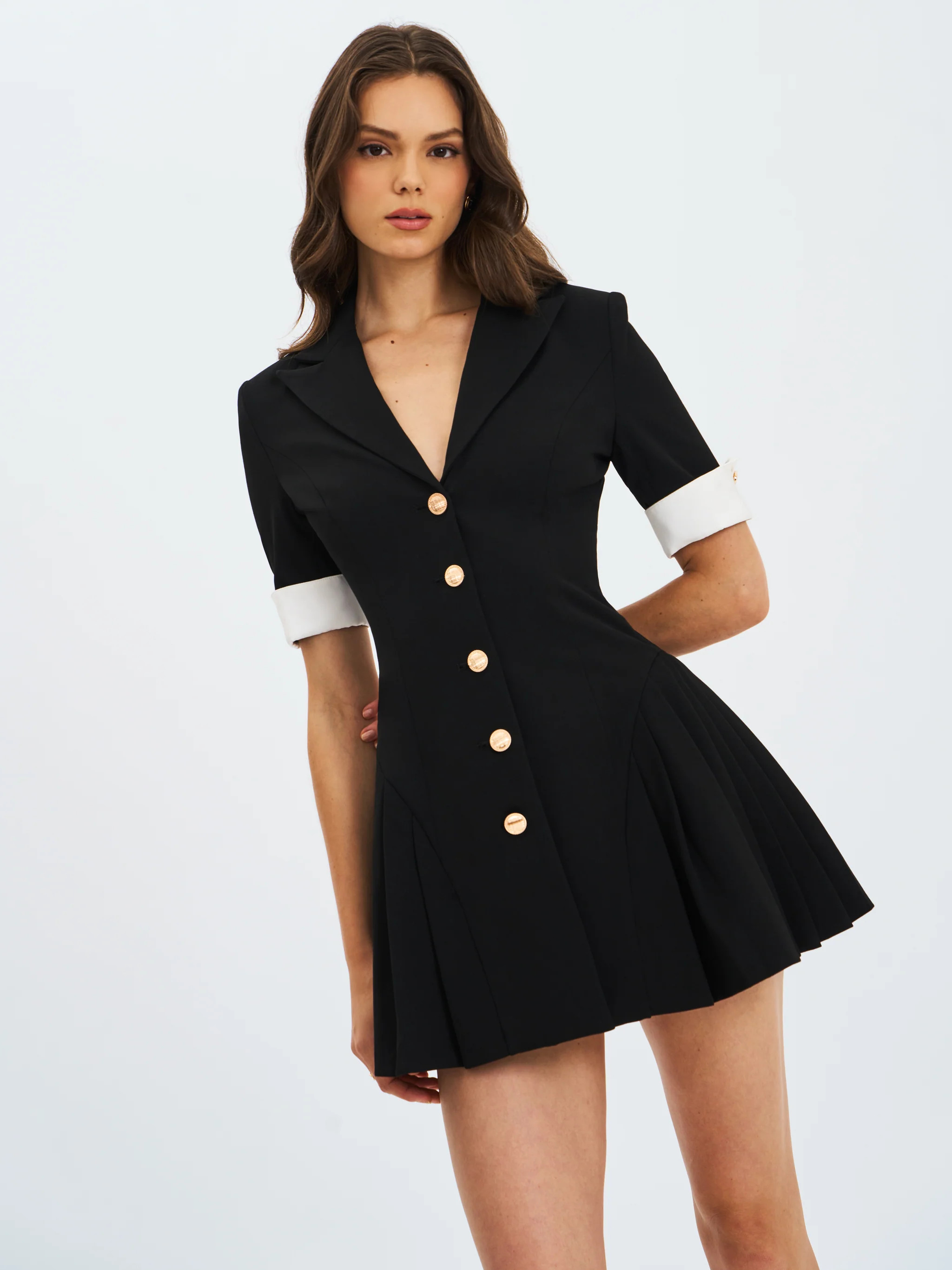 Ilitha Black Woven Crepe Pleated A-Line Mini Dress | Miss Circle