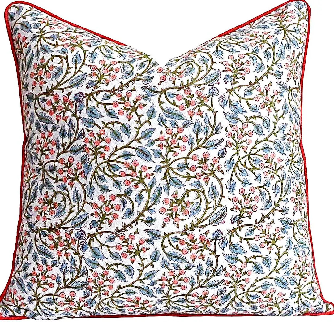 20 Inch Block Print Pillow Cover, Coral, Olive Green, Light Blue on White W/ Rusty Orange Piping,... | Etsy (US)