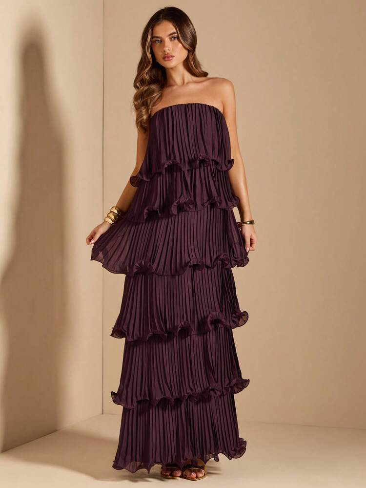 SHEIN BAE Elegantes Kleid In Braun, Trägerloses Kleid Mit Tortenlagen, Geeignet Für Party, Romantische Dates, Brautjungfer, Abschlussball, Geburtstag, Frühling/Sommer | SHEIN
