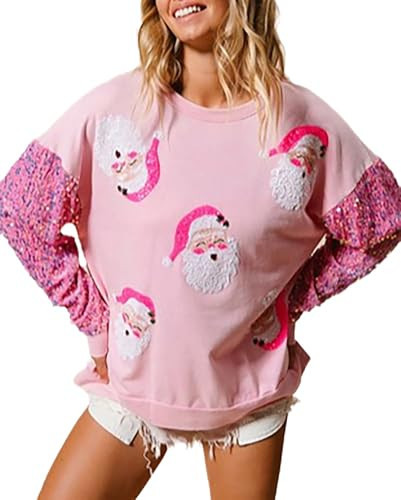 Glkaend Women's Cute Santa Christmas Sweatshirts Funny Graphic Lightweight Nutcracker Sequins Long Sleeve Pullover Hoodies,Light Pink,XXL | Amazon (US)