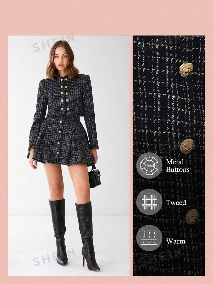 Enchnt Autumn/Winter Romantic Women's Black Plaid Elegant Fashionable Metal Buttons Decor Plaid A... | SHEIN