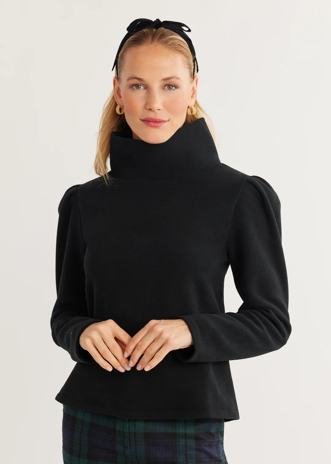 Palmer Puff Sleeve Turtleneck in Vello Fleece (Black) | Dudley Stephens