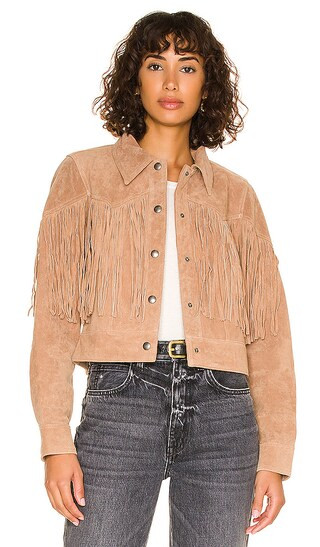 Suede Fringe Jacket in Almond Butter | Revolve Clothing (Global)
