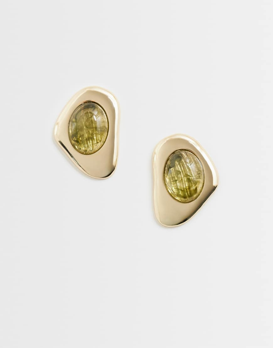 ASOS DESIGN molten stud earrings with green stone-setting in gold tone | ASOS (Global)