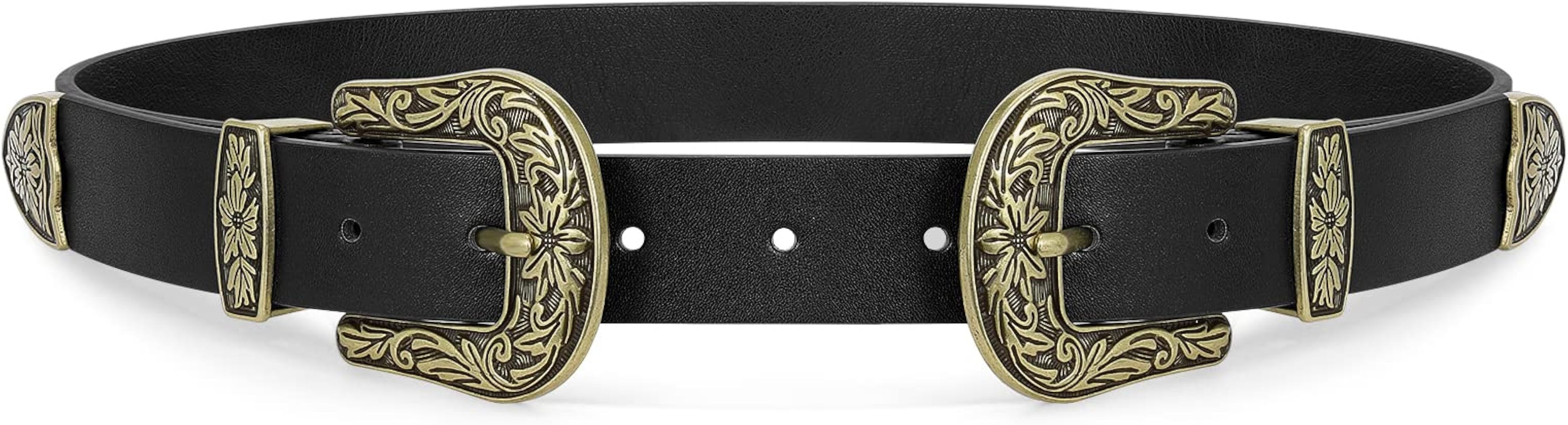 WHIPPY Vintage Western Leather Belt for Women Double Buckle Retro Cowgirl Waist Belts for Jeans P... | Amazon (US)