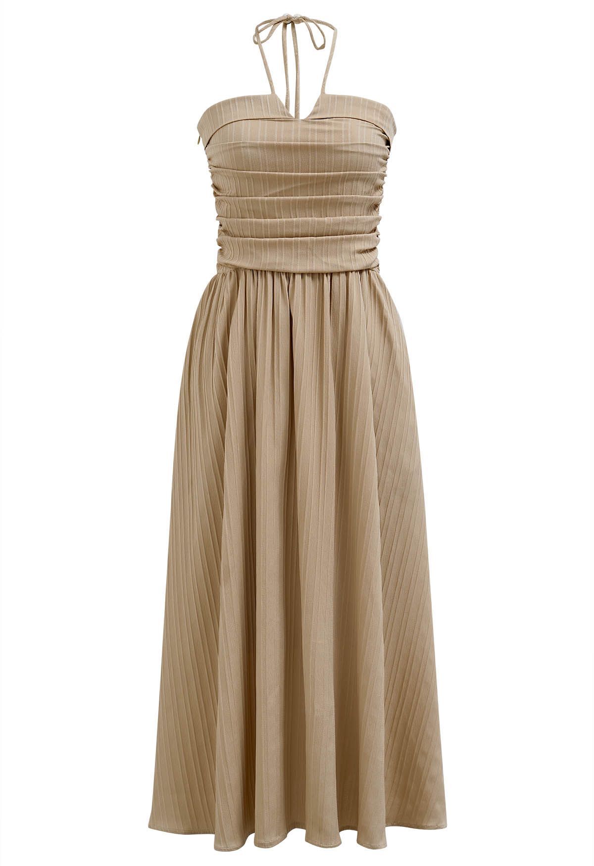 Halter Neck Shirred Back Midi Dress in Light Tan | Chicwish