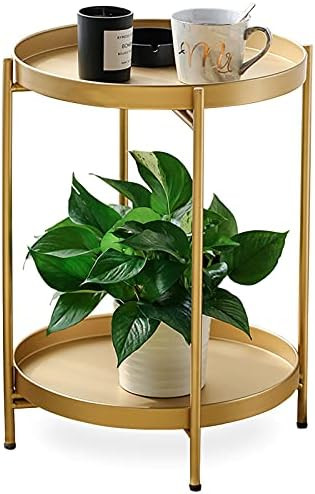 Amazon.com: FUNME Gold Folding End Table 2-Tier Metal Round Side Table with Removable Tray for Li... | Amazon (US)