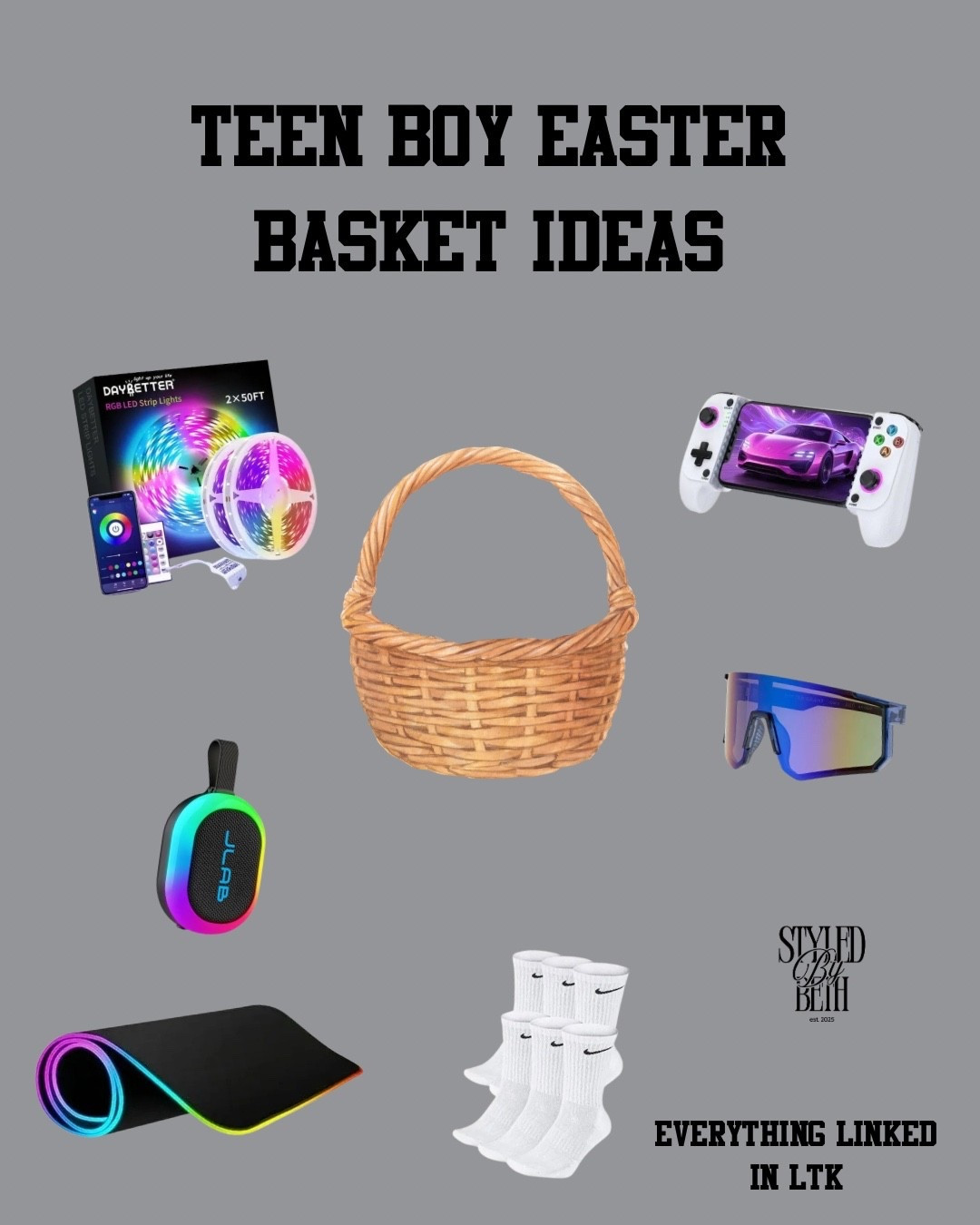 Teen boy Easter basket ideas 🐰

What would your teen pick first?
🎮 Controller
🔊 Speaker
🧦 Nike socks
😎 Sunglasses
