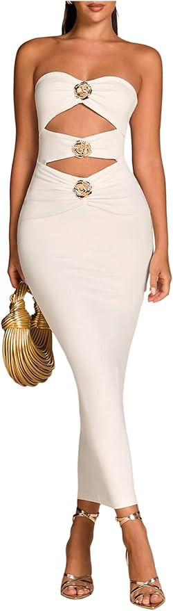 WDIRARA Women's Cut Out Strapless Tube Dress Metal Flower Ruched Bodycon Dress | Amazon (US)