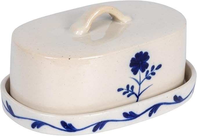 Creative Co-Op Hand-Painted Stoneware Butter Dish with Flower, Blue and White | Amazon (US)