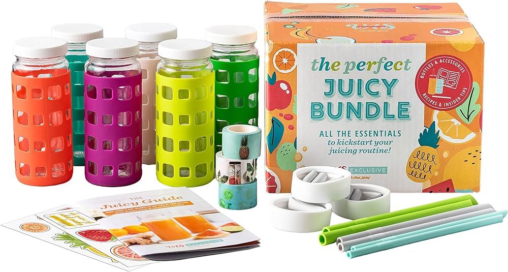 Juicing Bottles Kit - The Perfect Juicy Bundle Includes 16 oz Clear Glass Jars, Leakproof Lids, S... | Amazon (US)