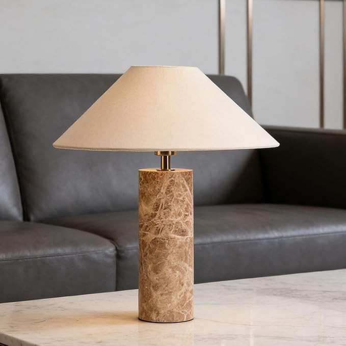 18.11" Mid Century Marble Table Lamp with Beige Linen Shade | Modern Warm Brown Table Lamp with 3... | Amazon (US)