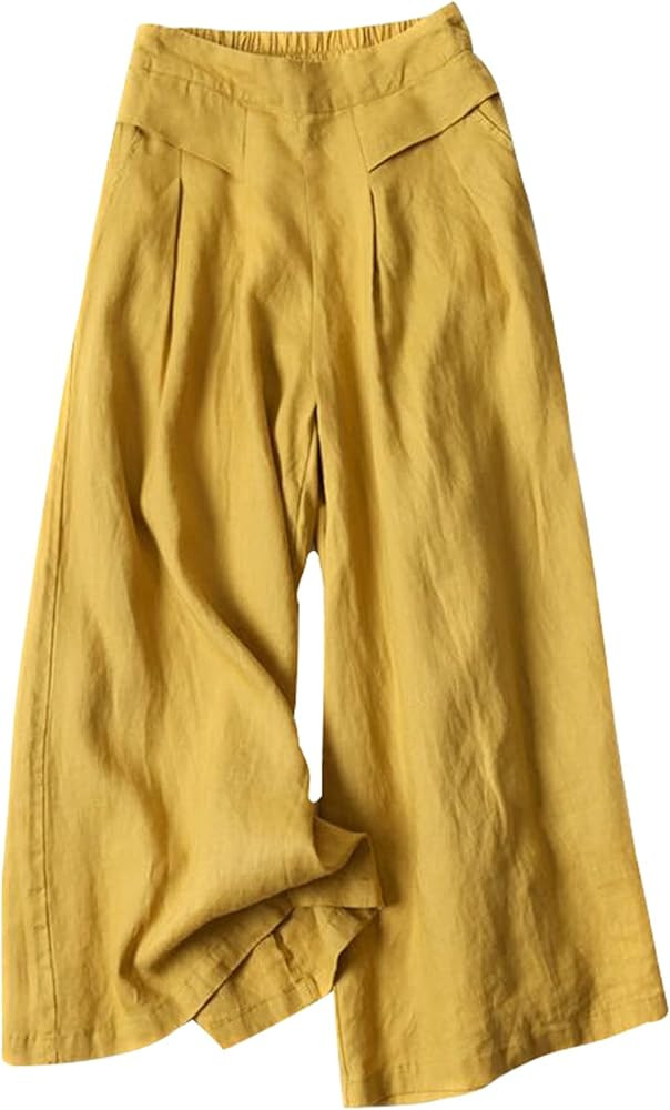 Gihuo Women' s Culottes Linen Blend Wide Leg Pants Elastic Waist Casual Palazzo Trousers with Poc... | Amazon (US)