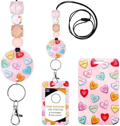 Valentine Lanyards for ID Badges - Cute Hearts Lanyard with ID Holder, Silicone Beaded Accessorie... | Amazon (US)