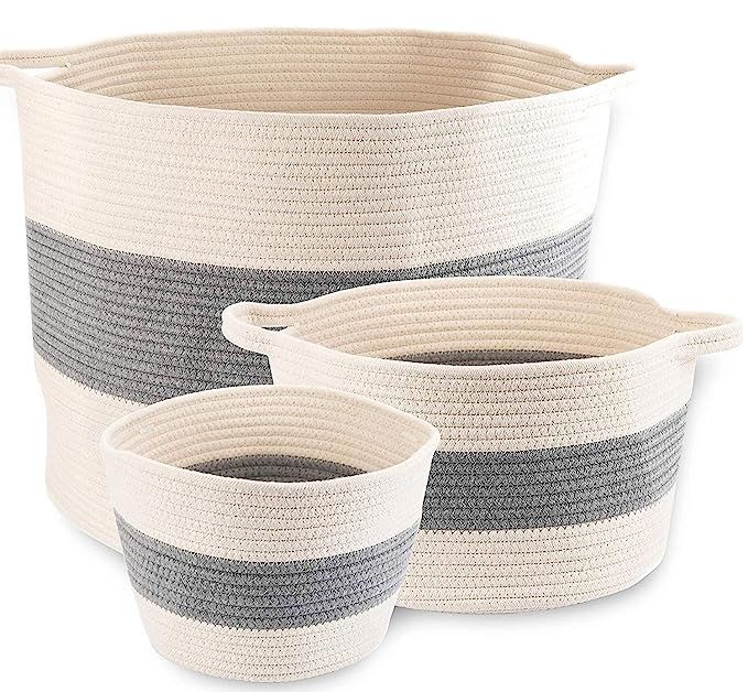 Little Hippo 3pc Large Cotton Rope Basket (21"x16") 100% Natural Cotton! Rope Basket, Woven Stora... | Amazon (US)