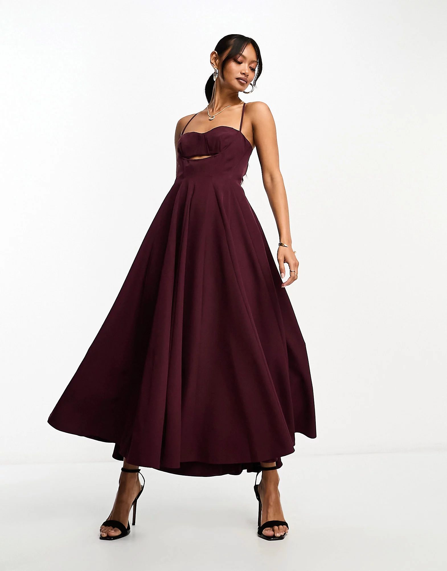 ASOS DESIGN structured corset detail midi dress with full skirt in purple | ASOS (Global)