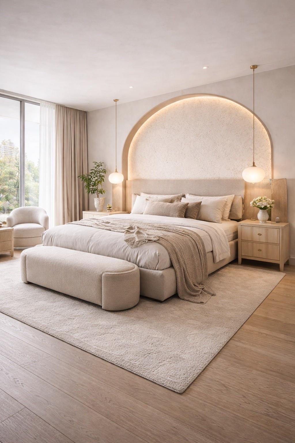 A serene modern bedroom designed in warm neutral tones with a sculptural arch headboard, layered bedding, soft textures and light wood floors. This space feels calm, luxurious and timeless — perfect for creating a cozy yet elevated bedroom aesthetic inspired by boutique hotels and modern minimalist interiors.
#bedroominspo #modernbedroom #neutralbedroom #luxurybedroom #interiordesign #bedroomdecor #modernhome #cozybedroom #minimalinterior #aestheticbedroom #homeinspo #softneutrals #warmminimalism #designerbedroom #ltkhome #ltkinterior #pinteresthome #modernaesthetic
