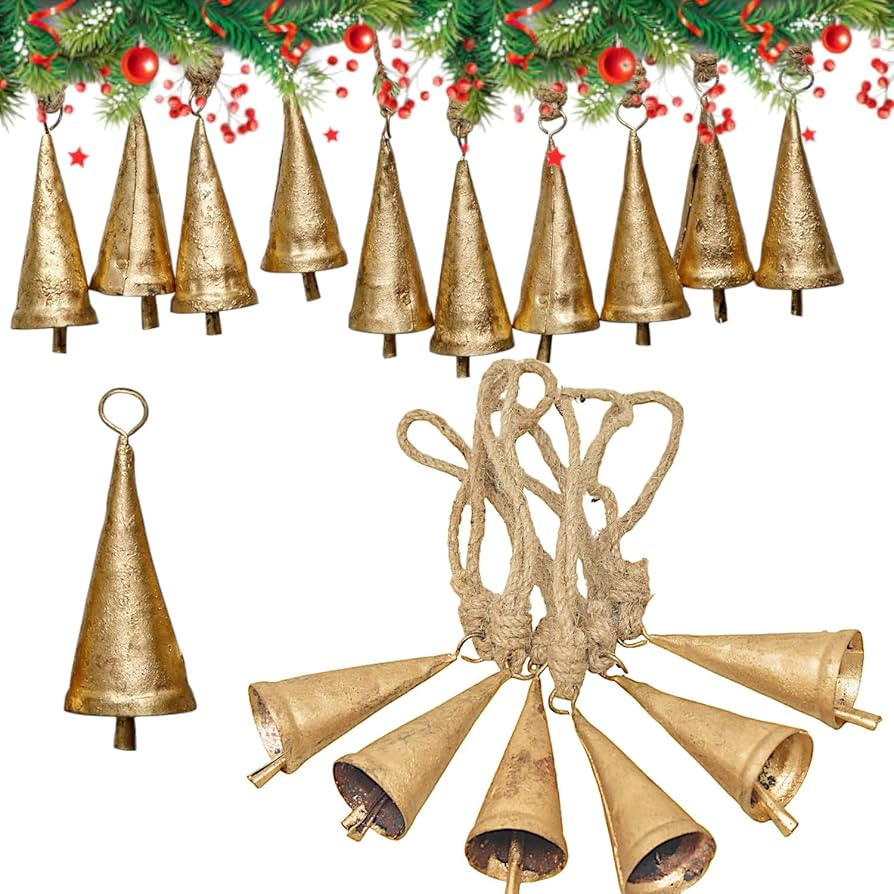Christmas Bells for Decoration –Set of 6 Rustic Cow Bells for Hanging with Jute Rope – Gold B... | Amazon (US)