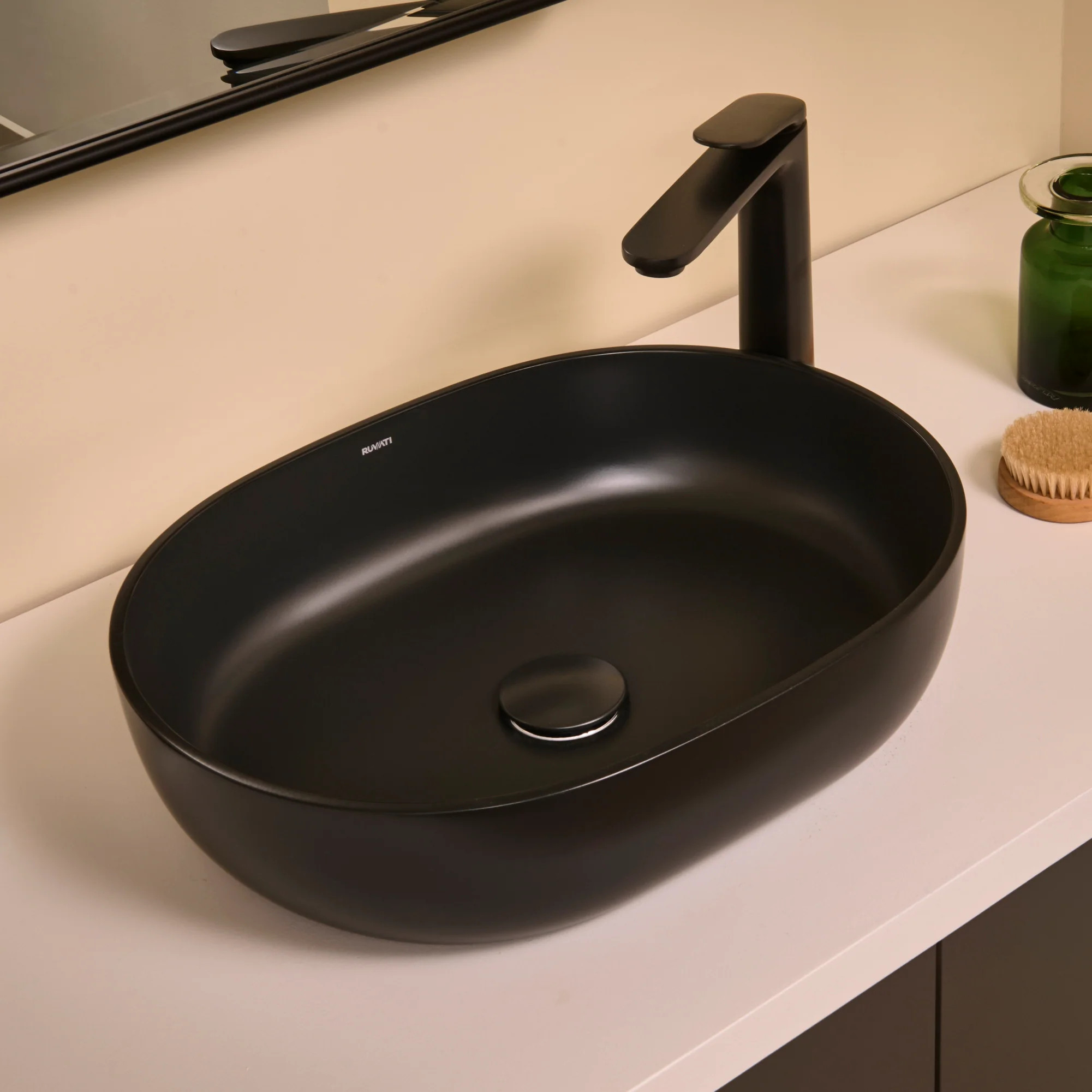 Ruvati Canali Stone 18.875-in Vessel Oval Modern Black Bathroom Sink with Drain Included one_size | RVB2119BK | Lowe's