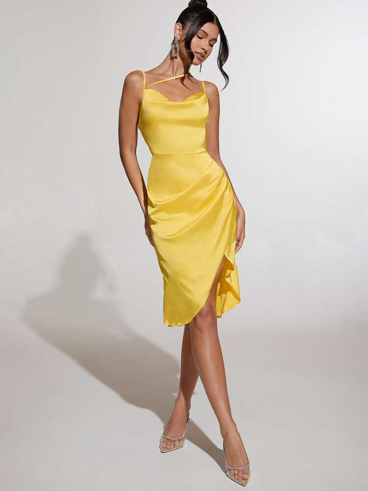 SHEIN BAE Draped Asymmetrical Neck Ruched Asymmetrical Hem Satin Cami Dress | SHEIN