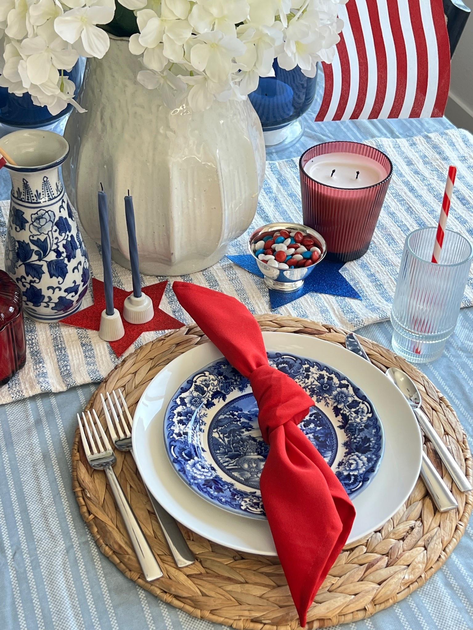 Blue and white transferware, transferware dinnerware, blue and white plates, patriotic table decor, Fourth of July tablescape, Americana decor, woven chargers, rattan placemats, white dinner plates, red linen napkins, blue glassware, hydrangea centerpiece, hosting essentials, summer entertaining, classic tablescape, timeless table styling, layered place settings, patriotic hosting, cottage style entertaining, traditional blue and white decor, neutral entertaining pieces, elegant Fourth of July decor, hostess favorites, indoor outdoor entertaining, collected home style.

#LTKHome #LTKSeasonal