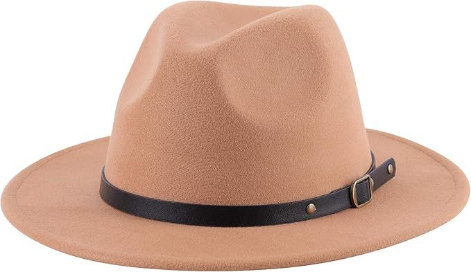 Lanzom Women Retro Wide Brim Wool Fedora Hat with Belt Buckle Hat | Amazon (US)