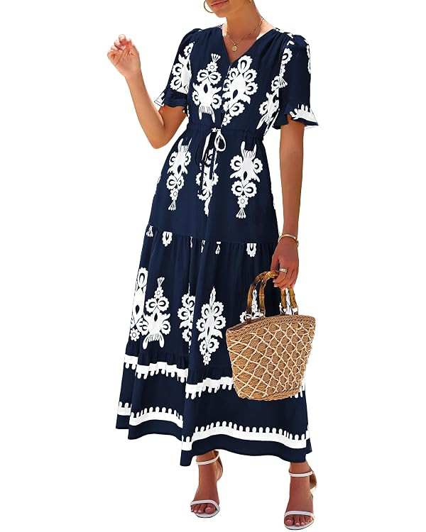 Lazysmile Summer Dresses for Women Short Sleeve V Neck Floral Drawstring Flowy A Line Boho Maxi D... | Amazon (US)