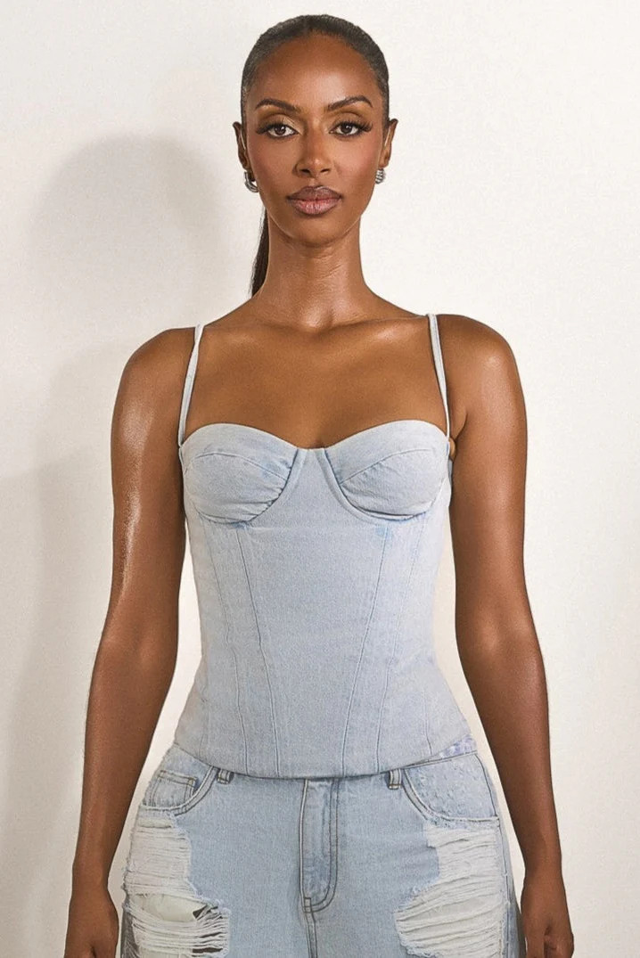The Everly Lace Up Corset Top in Denim | Mars The Label