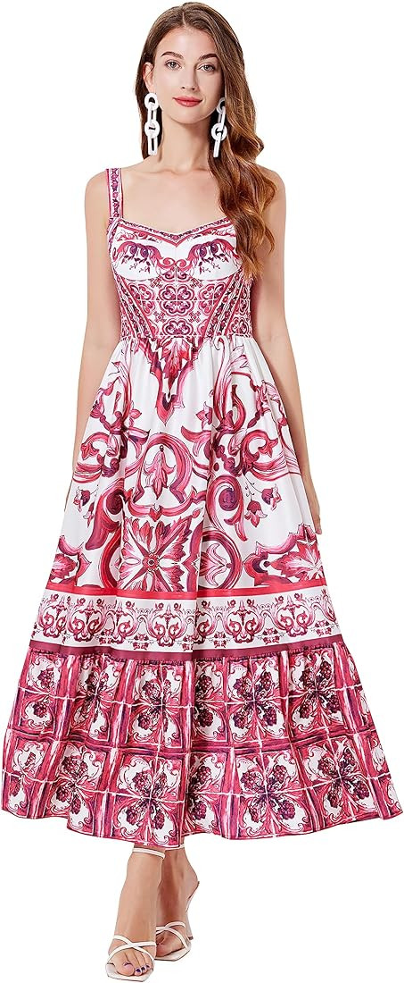 Womens Summer Boho Floral Print Spaghetti Strap Square Neck Flowy Beach Maxi Sun Dress | Amazon (US)