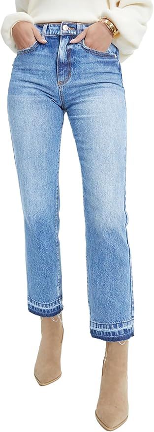 Astylish Womens High Waisted Straight Leg Cropped Jeans Casual Stretch Ankle Denim Pants | Amazon (US)