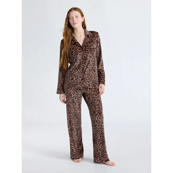 Joyspun Women’s Stretch Velour Notch Collar Long Sleeve Pajama Set, Sizes XS to 4X | Walmart (US)